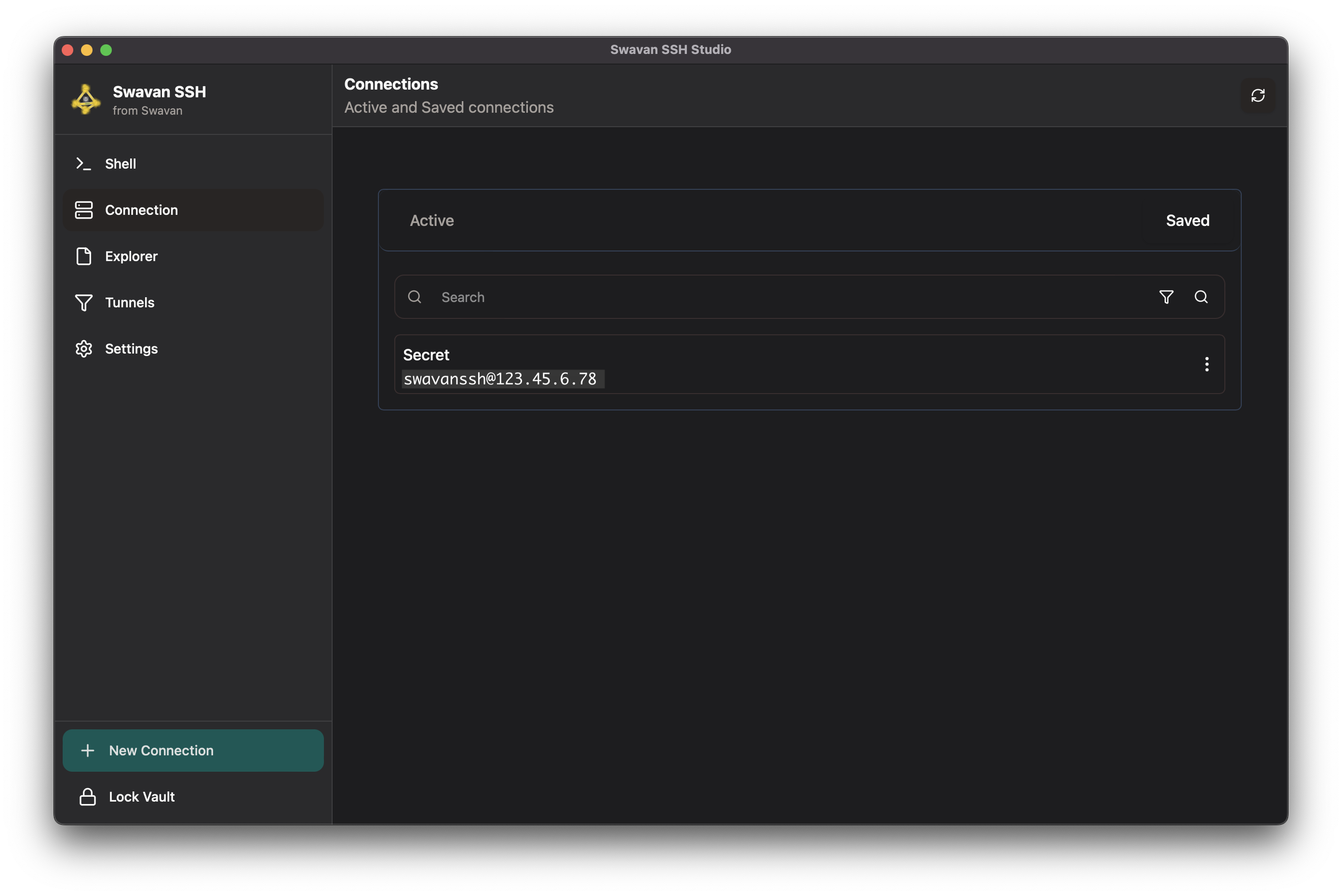 Connection list with a saved connection entry