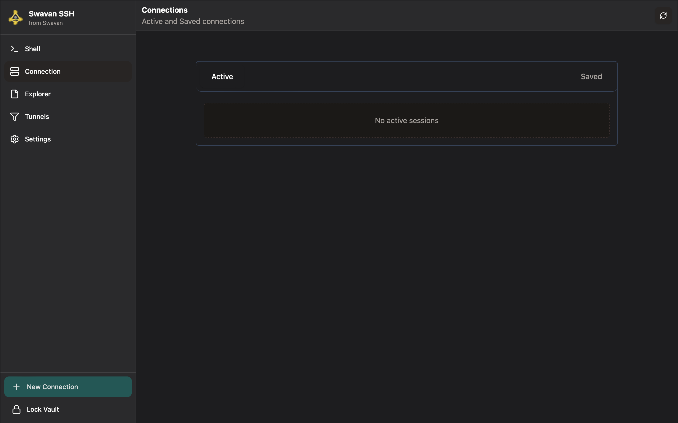 Connections screen with saved connections list