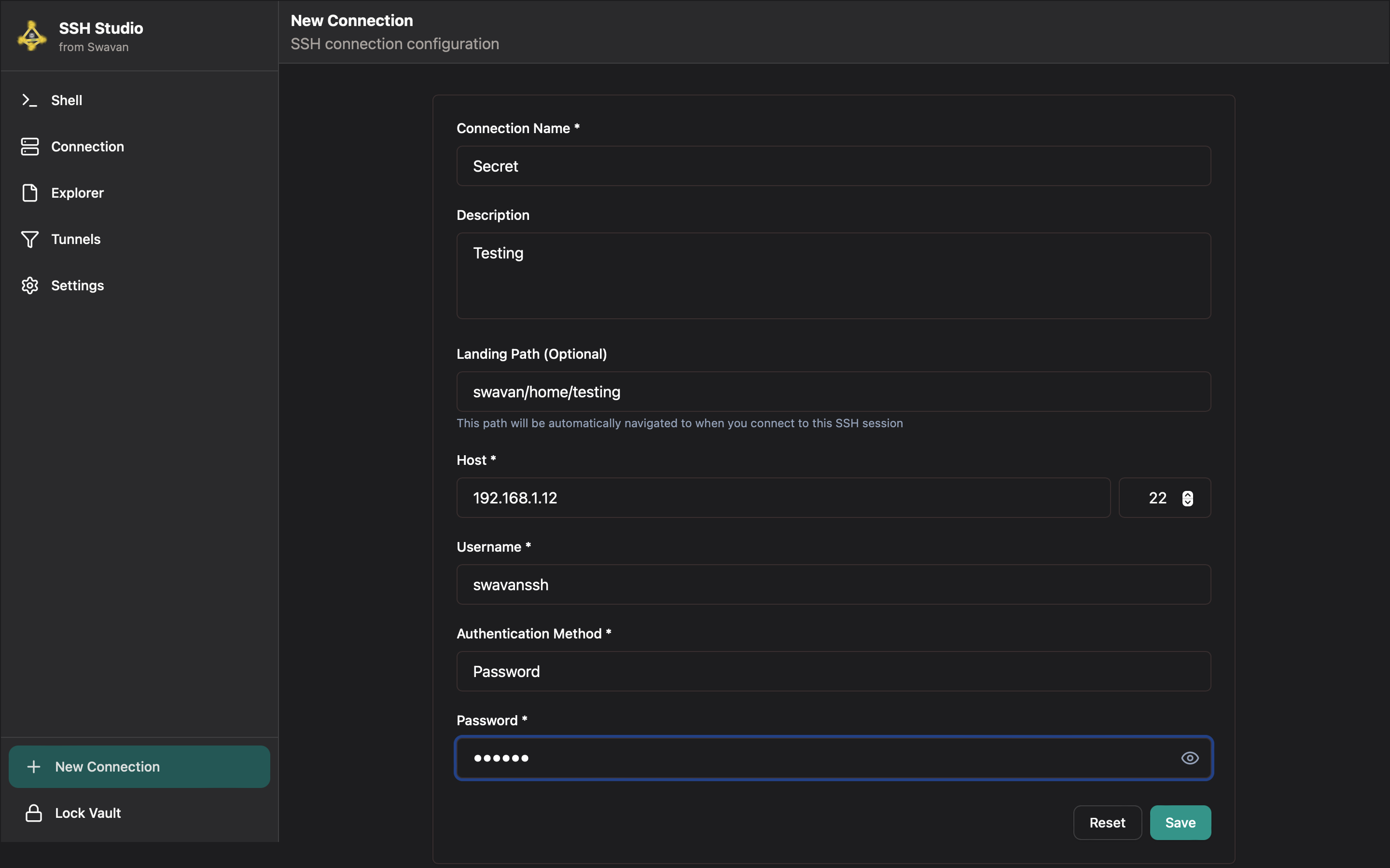 New connection configuration form