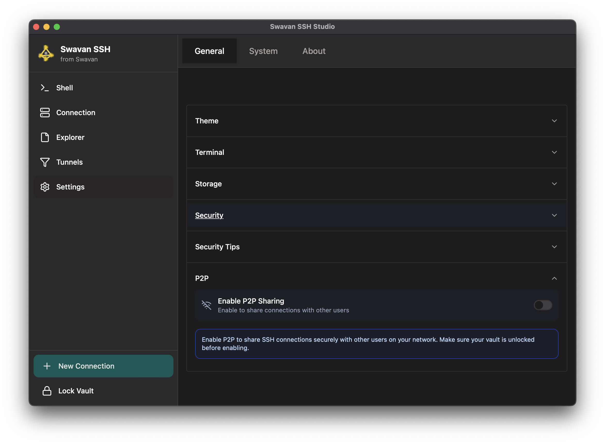 P2P sharing settings screen