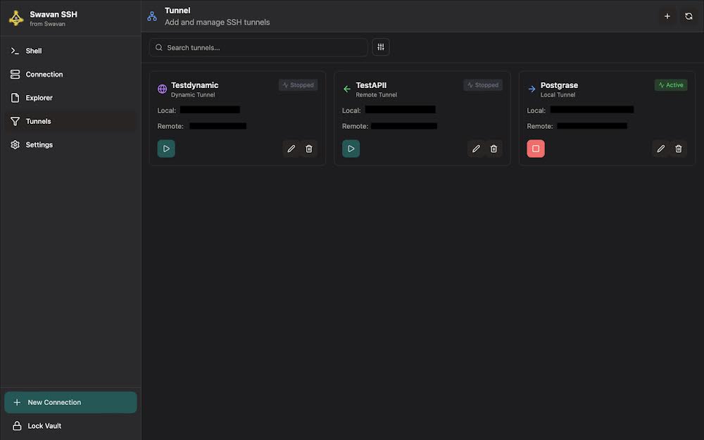 Tunnel list showing an active local tunnel