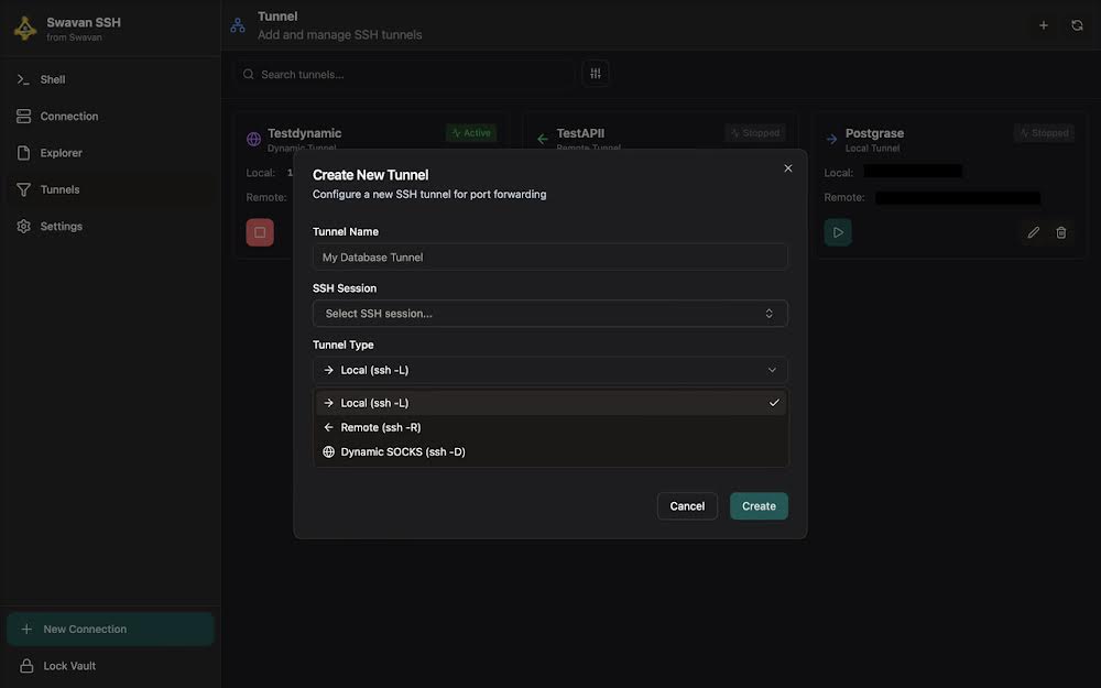 Create tunnel dialog with type selection