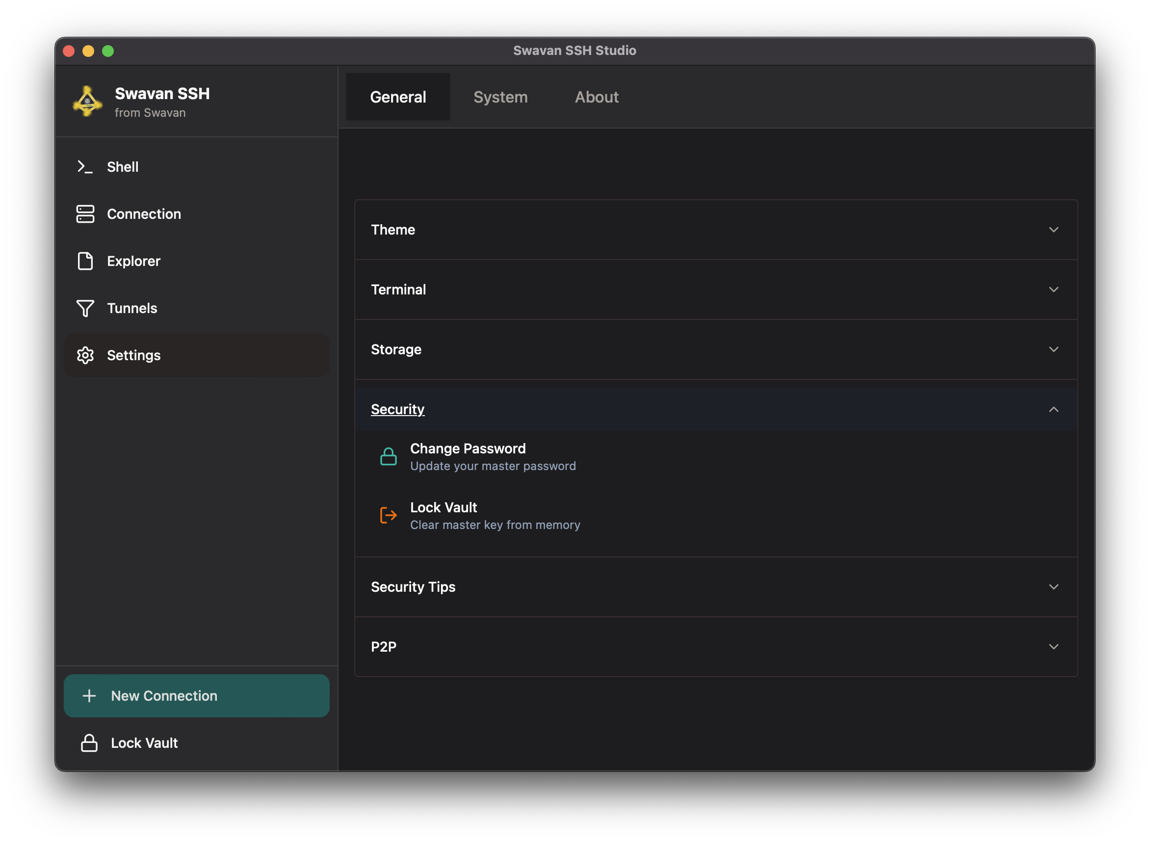 Security settings with change password option
