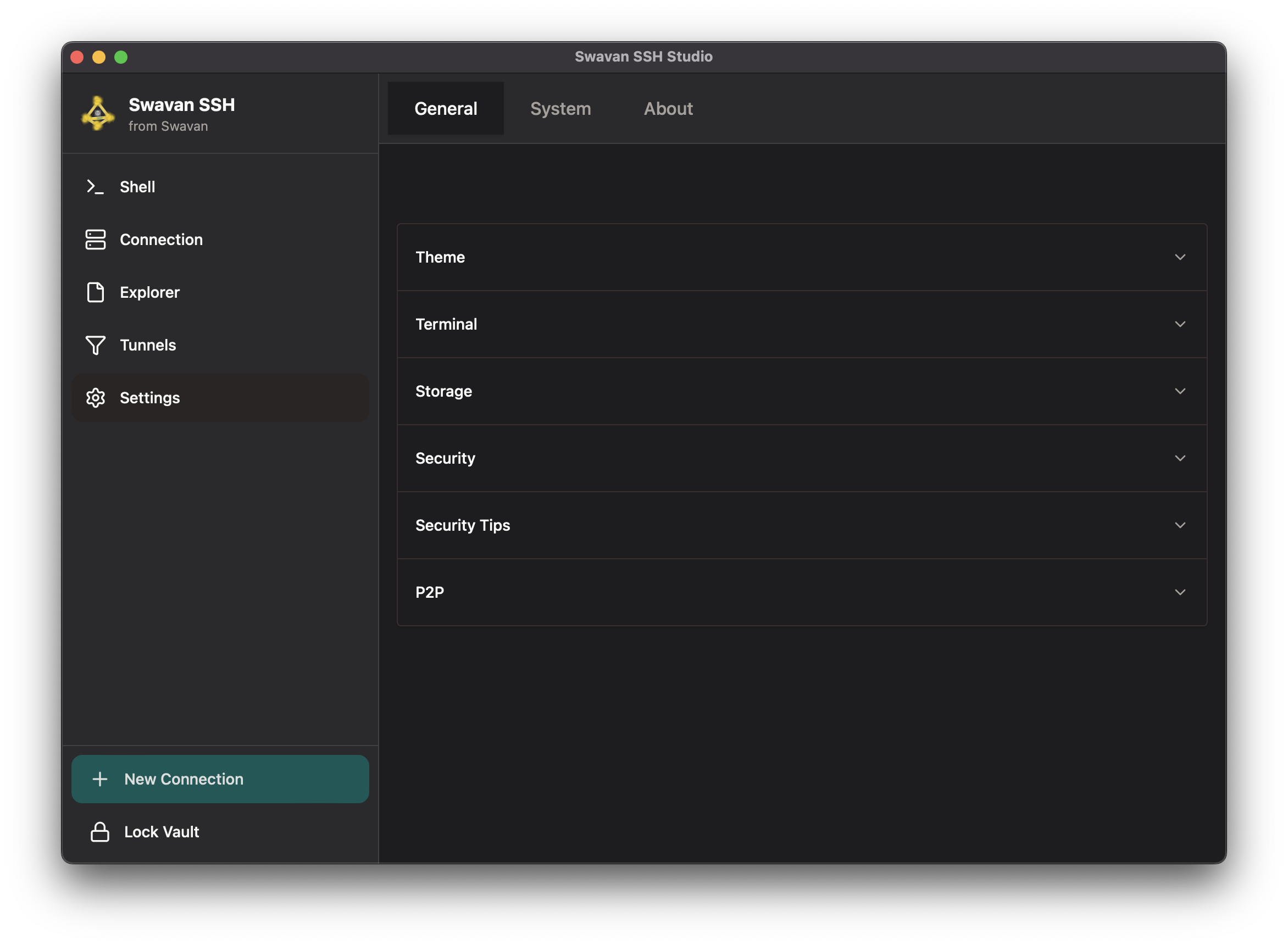 Main settings screen with four tab sections