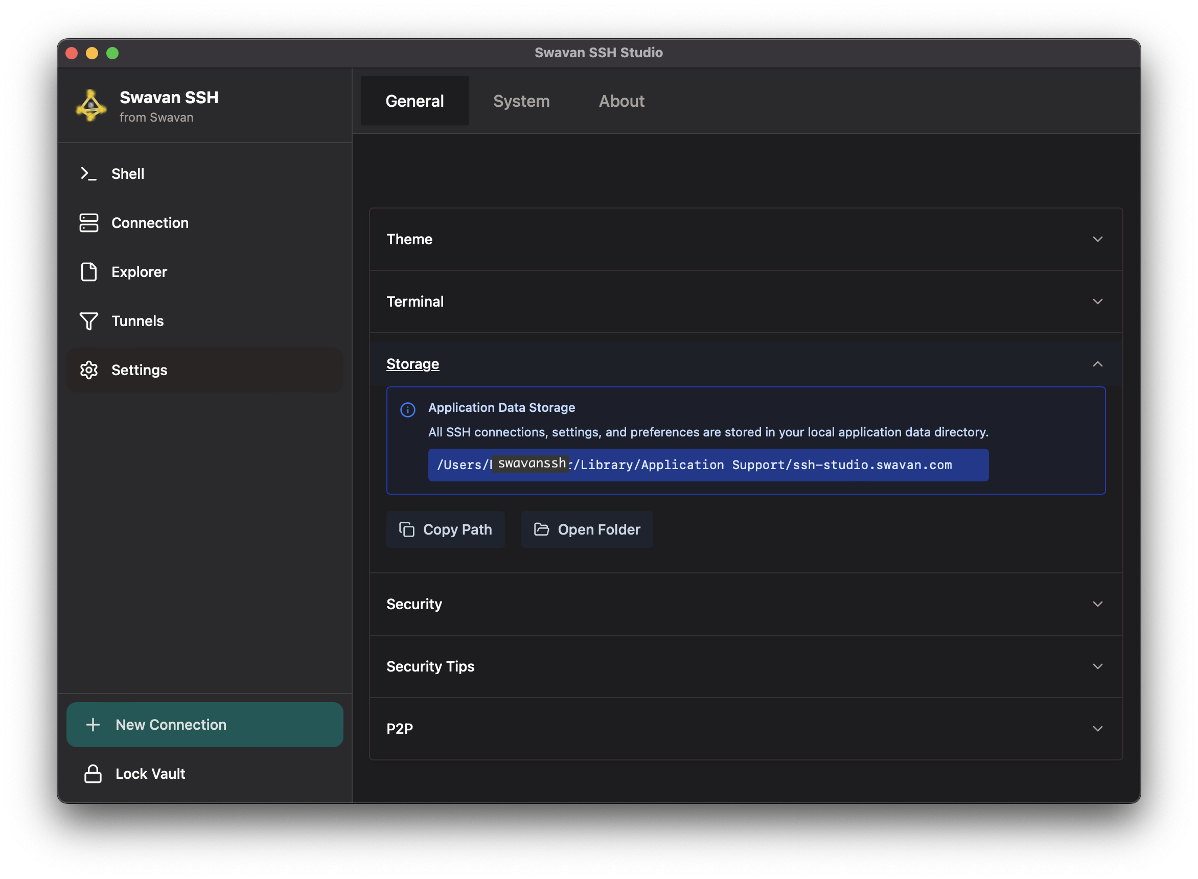 Storage settings showing database path