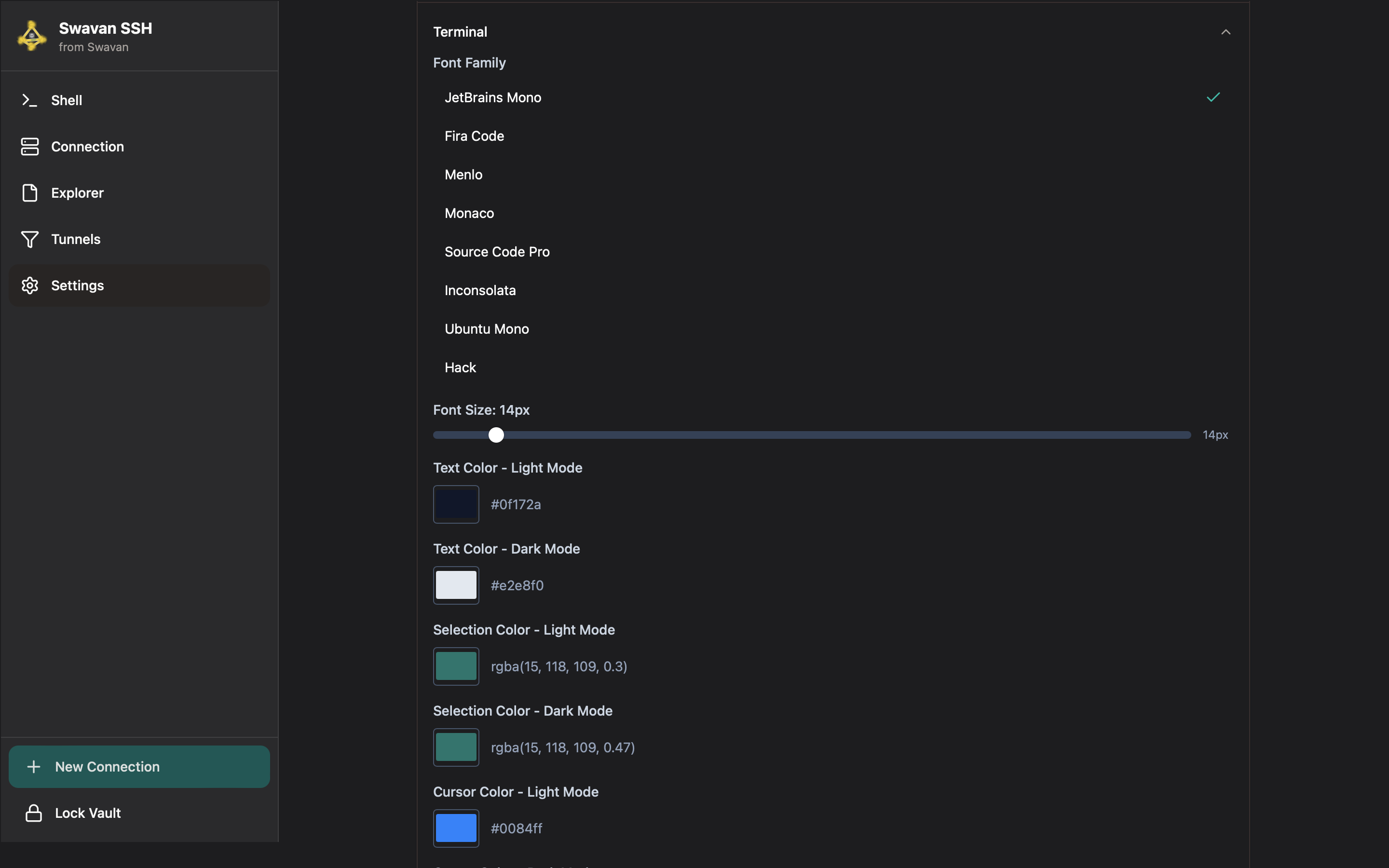 Terminal customization settings panel