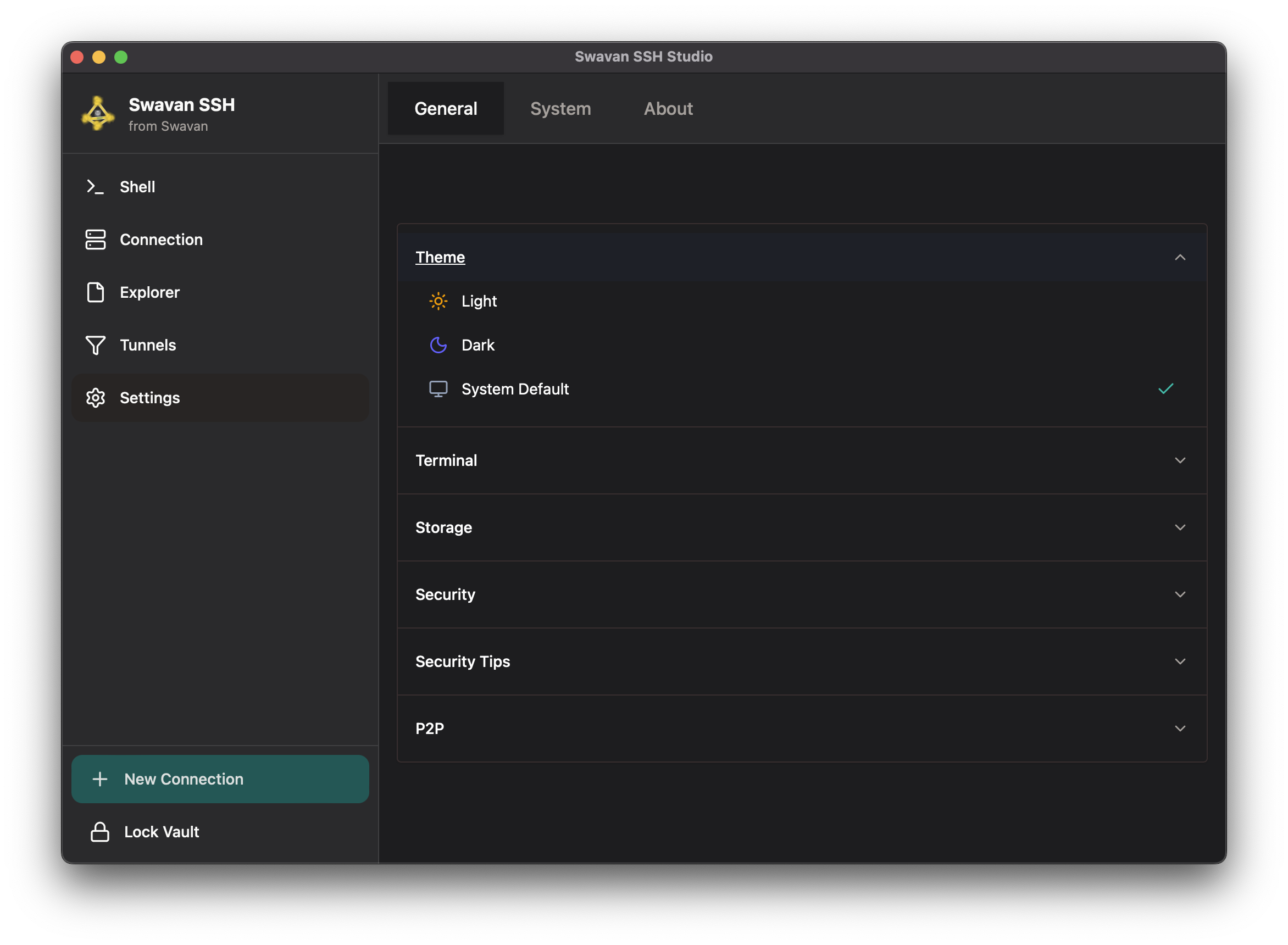 Theme selection with Light, Dark, System options