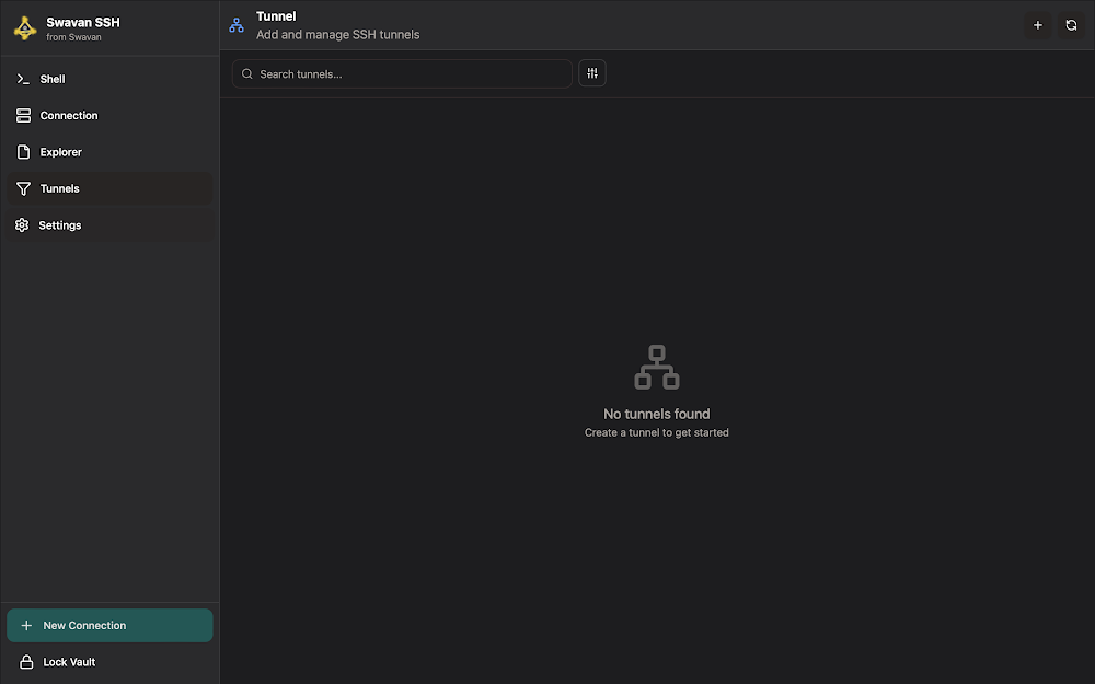 Tunnels screen with empty state